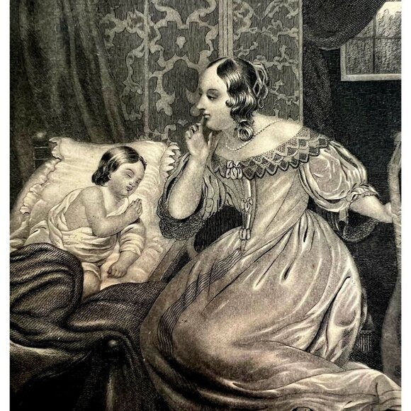 Mother Plays Mandolin For Daughter Engraving 1859 Victorian Treasures Art DWY5G
